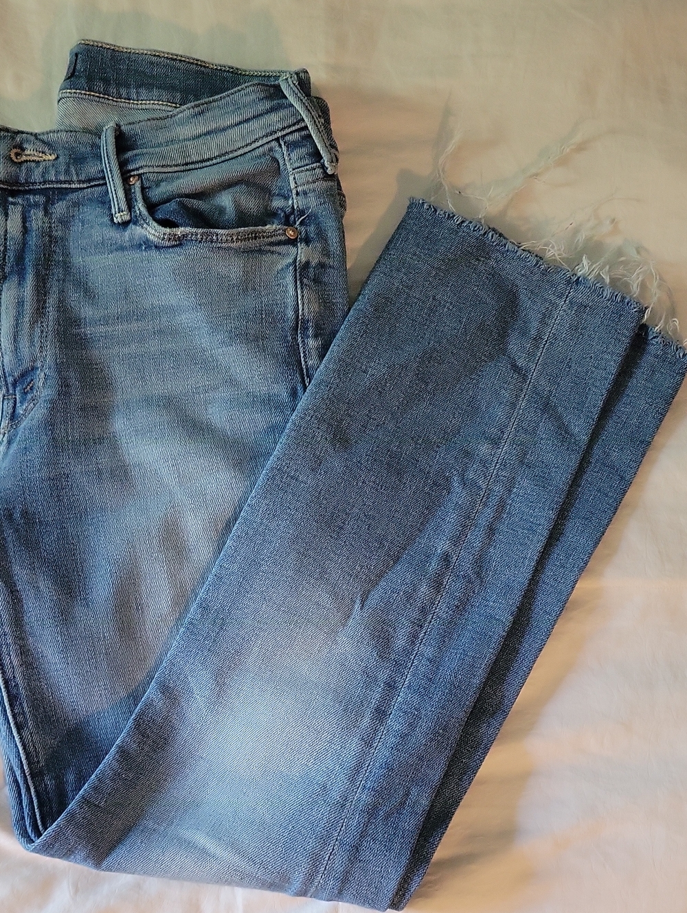 MOTHER Straight Leg Jeans in Light Blue with Frayed Hem